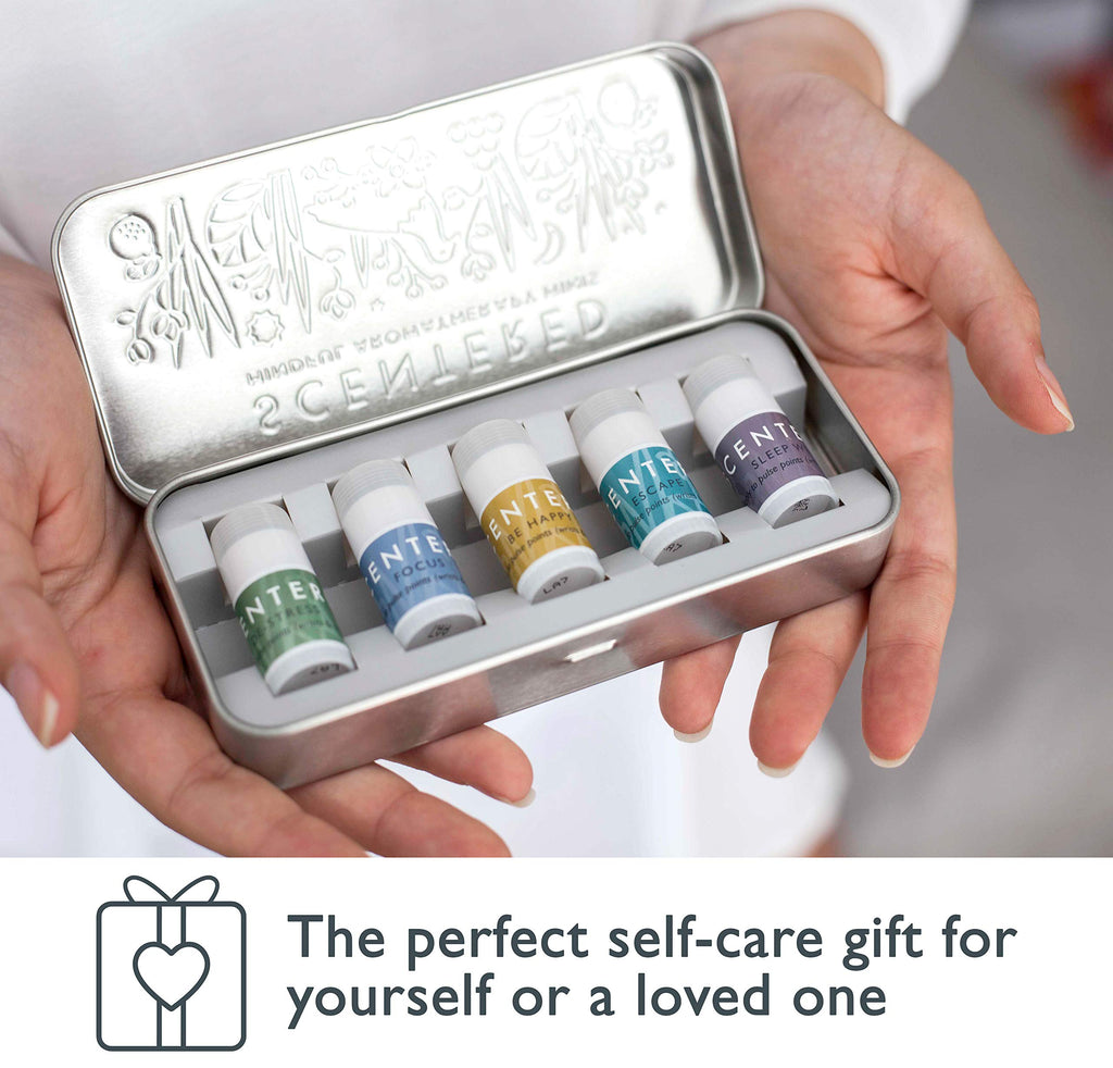 Aromatherapy Gift Set, Mini Roll On Essential Oil Balms for Mood Boost, Focus, Stress-Relief, Calm, Sleep - Set of 5