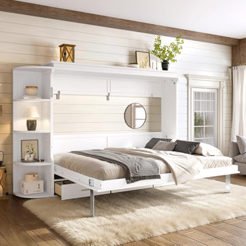 Queen Size Horizontal Cabinet Murphy Bed with Side Cabinets, White