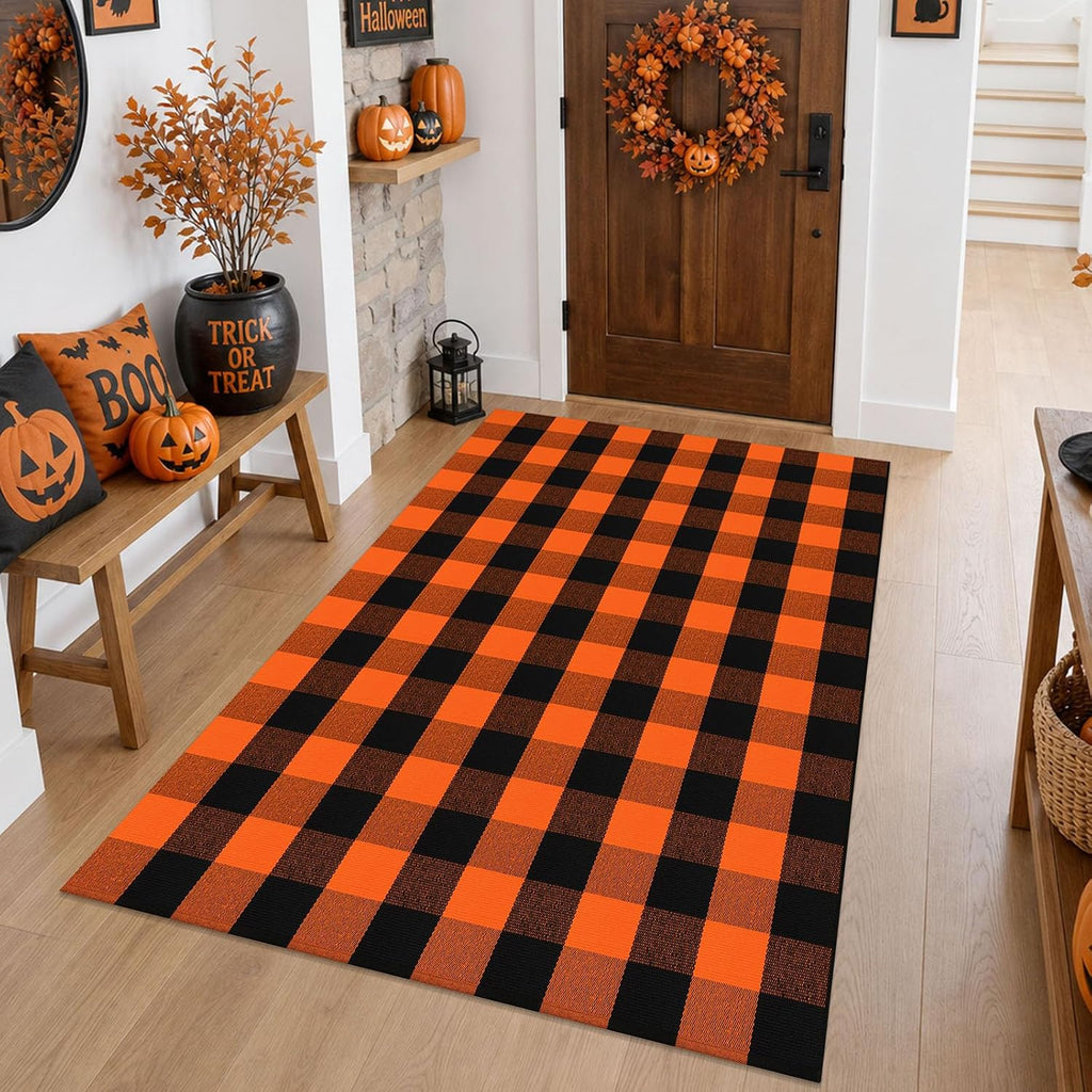 Buffalo Plaid Rug Woven Holloween Orange and Black Rug