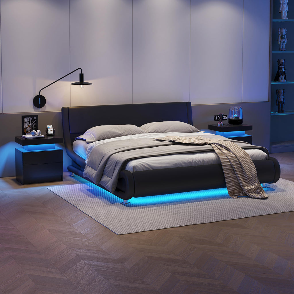 Modern Black Nightstand with 2 Drawer LED Bedside Table