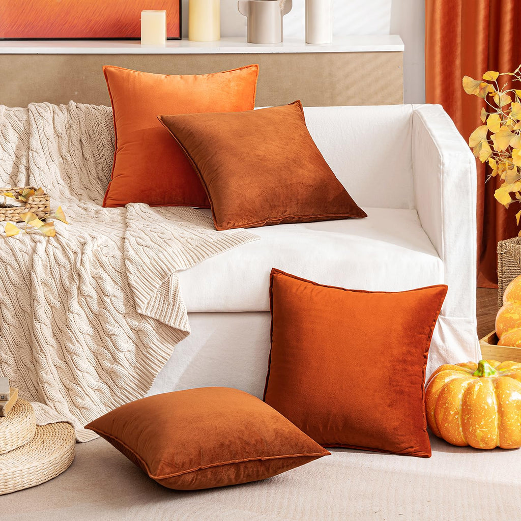 Fall Decorative Rust Velvet Euro Sham Throw Pillow Covers 24x24 Inch