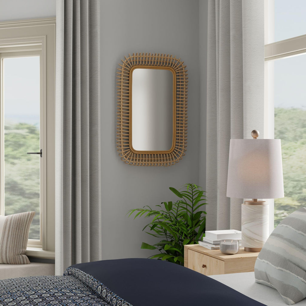 Rattan Coiled Rectangular Wall Mirror, Farmhouse Decor, Natural Brown