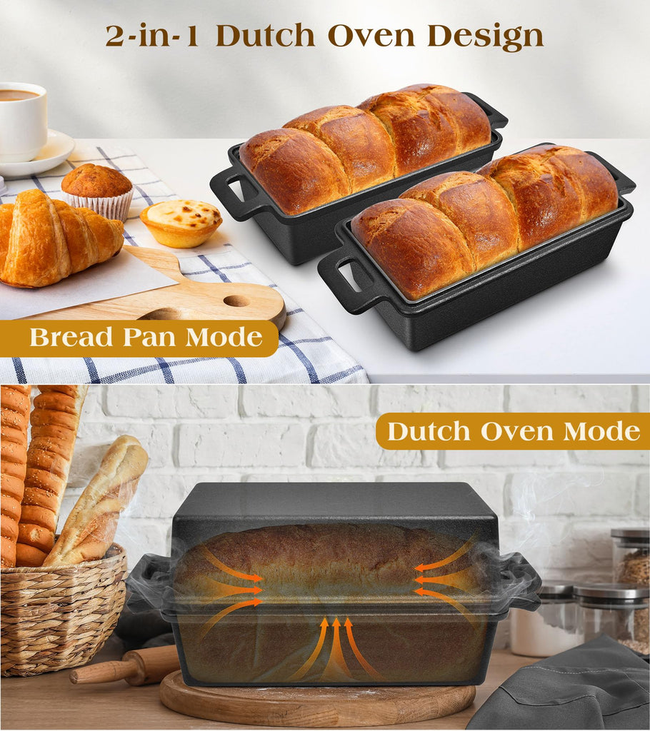 Cast Iron Loaf Pan With Lid, 9×5 in - 2‐in‐1 Heavy‐Duty & Oven‐Safe Loaf Pan for Sourdough & Homemade Bread