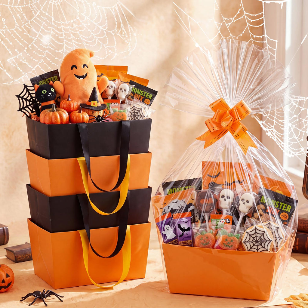12 Pcs Halloween Paper Gift Basket Empty with Transparent Bag&Bow