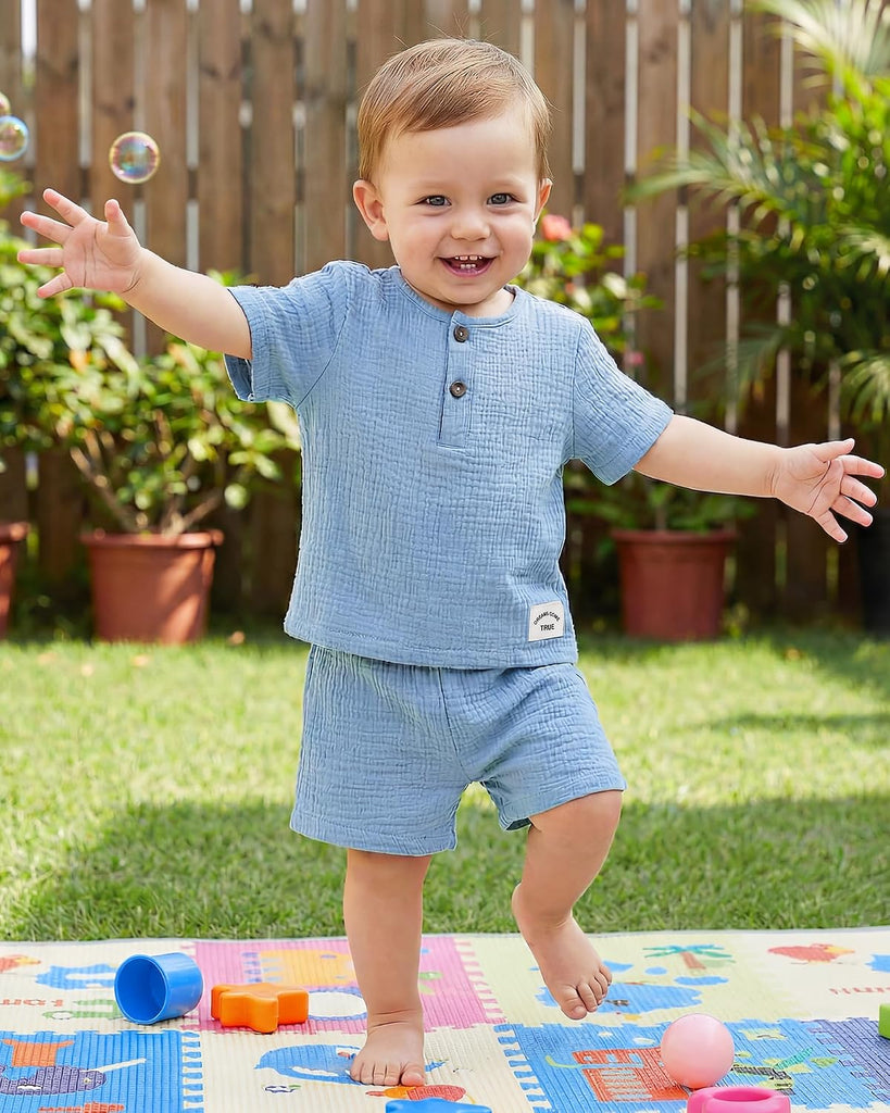 Toddler Boy Summer Outfits Cute Baby Boy Outfits 2 Piece Set Crew Neck Button Top and Solid Shorts