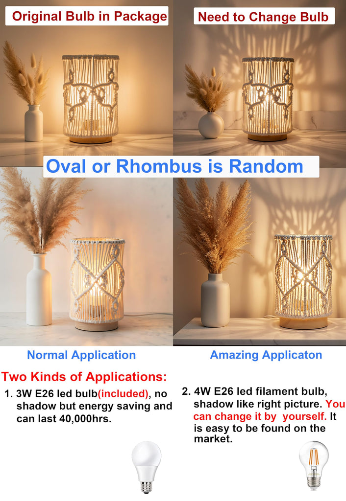 Table Desk Lamp, Small Boho Hollow-Out Decorative Bohemian Macrame Handmade Nightstand Night Light Solid Wood Base