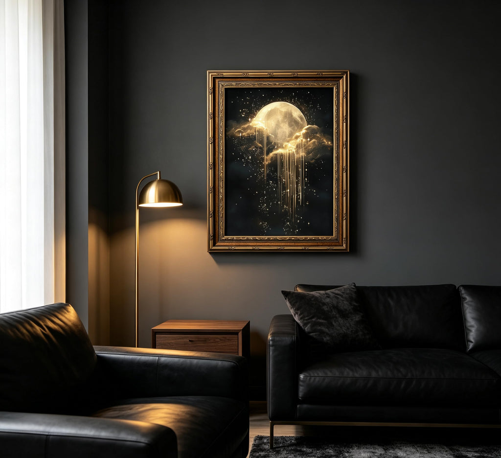 Vintage Gold Framed Moon Cloud Wall Art, Dark Academia Sky Canvas Print