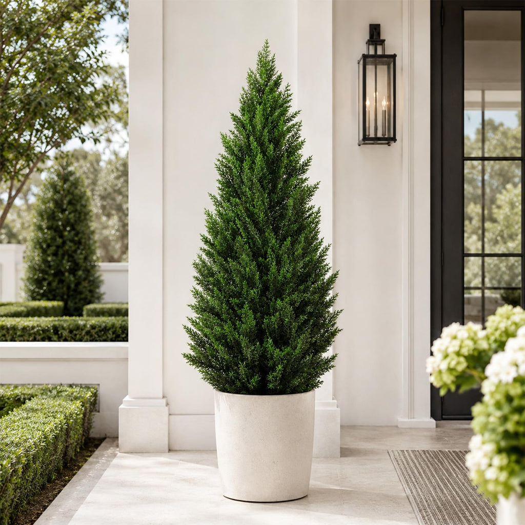 Artificial Topiary Cedar Trees 5FT Tall 2 Set, Outdoor Indoor Faux Pine Shrubs Plants, Realistic Fake Plants Front