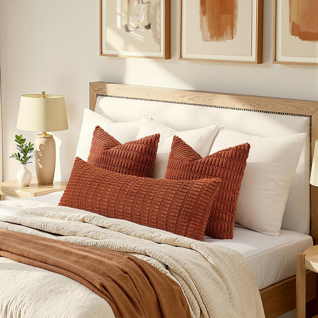 Fall Lumbar Corduroy Throw Pillow Cover for Bed 14x36 Dark Rust