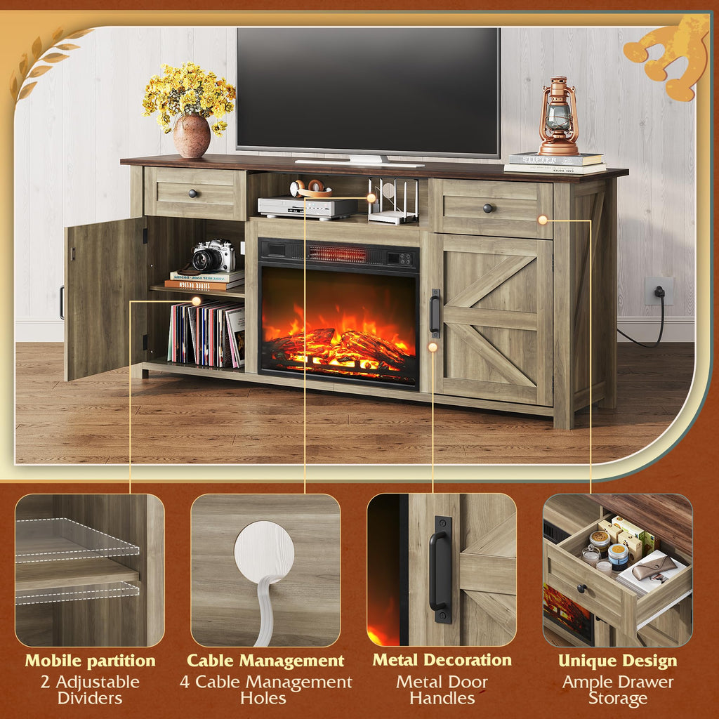 Electric Fireplace TV Stand for 65 75 inch TV, Modern Farmhouse Entertainment Center with Removable Fireplace &