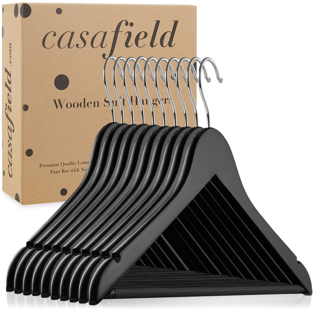 10 Black Wooden Suit Hangers - Premium Lotus Wood with Notches & Chrome Swivel Hook for Dress Clothes, Coats