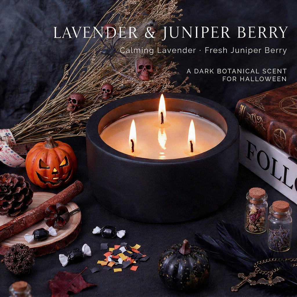 20oz Large Decorative Black Candle - Dark Botanical Lavender & Juniper, 3 Wick Fall Scented Candle for Women & Men