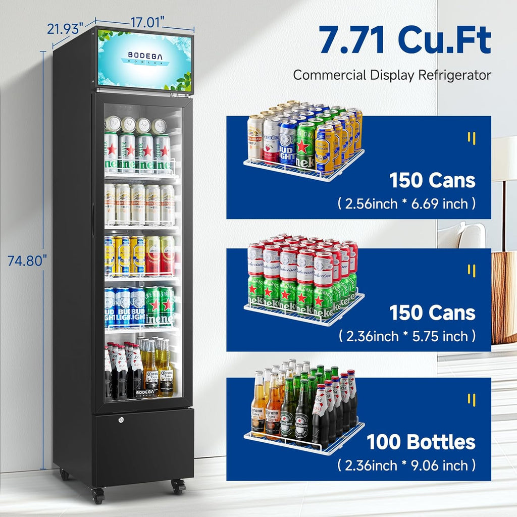 BODEGACOOLER Commercial Drink Fridge with Glass Door, Tall Beverage Cooler for B