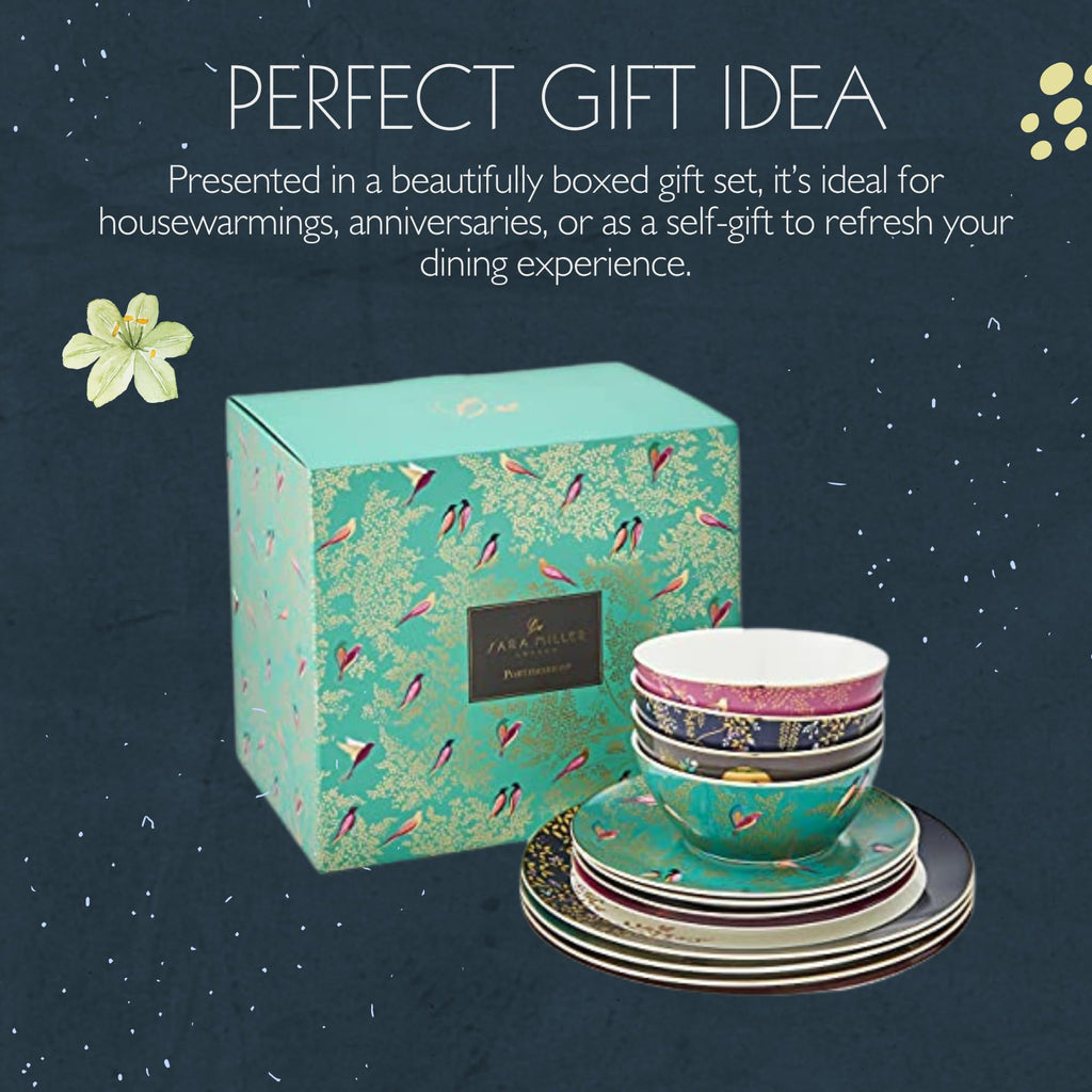 Chelsea 12 Piece Dinnerware Set - Fine China Plates & Bowls Featuring Vibrant Birds & Floral Art for Afternoon Tea or