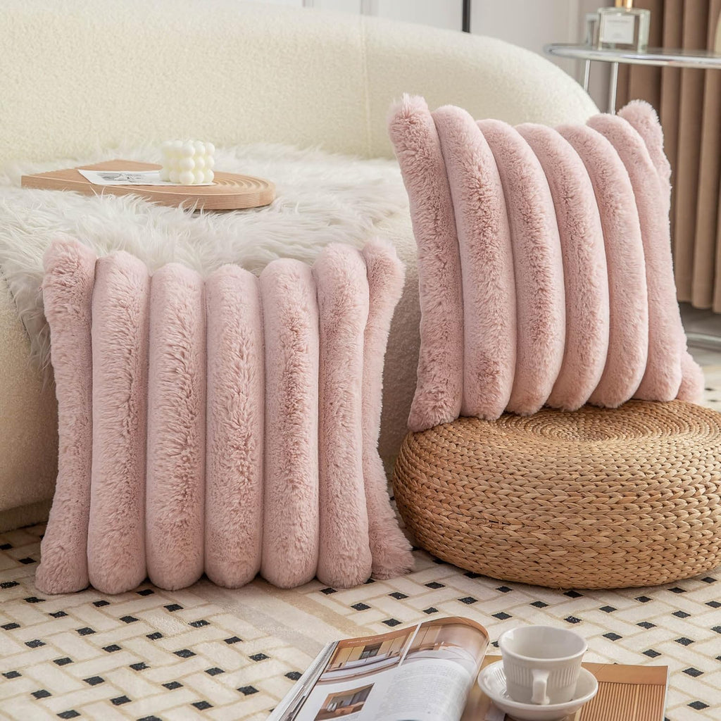 Pink Faux Fur Cozy Soft Striped Decorative Throw Pillow Covers 18x18 inch Set of 2,Velvet Pillowcase Cushion Case