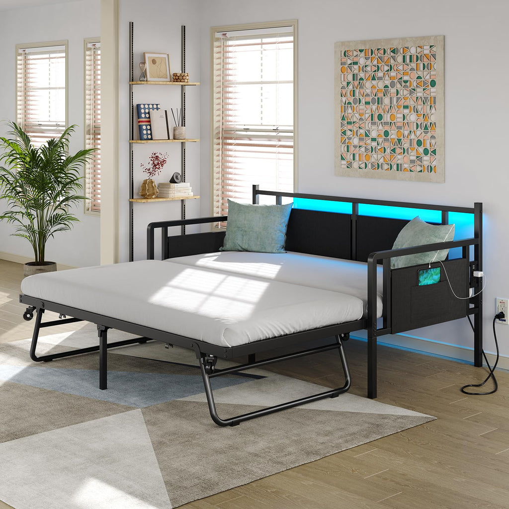 Daybed with Charging Station and LED Lights, Twin Daybed with Trundle, Metal Bed Frame with Steel Slat Support