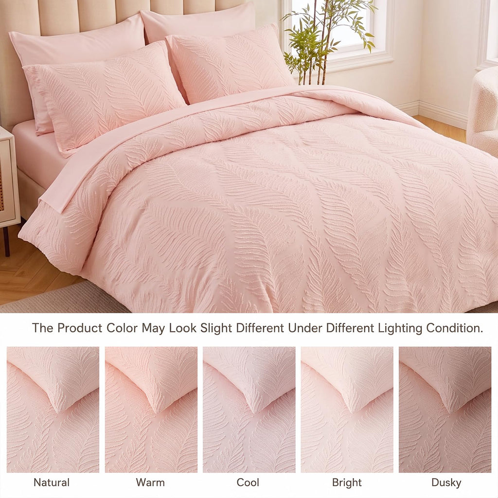 Queen Comforter Set Pink 7 Pieces Tufted Boho Comforter Set Leaves Floral Farmhouse Shabby Chic Bedding Sets for All