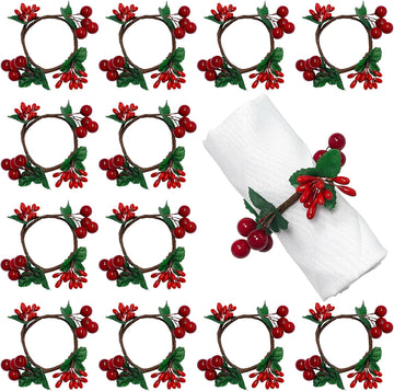 Mingting Napkin Rings, Rustic Napkin Ring Serviette Holders Handmade Red Berry Table Decorations - Set of 12