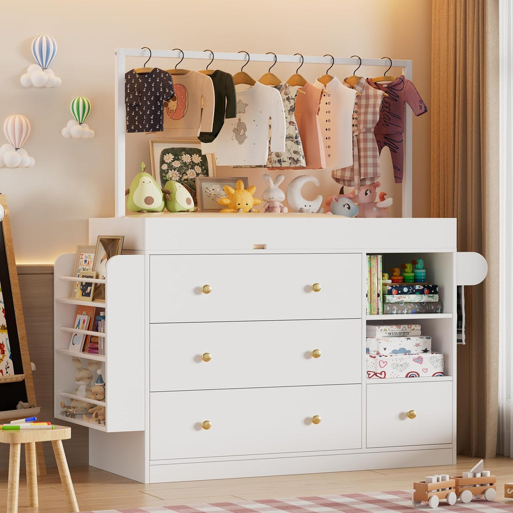 Modern Changing Table Dresser,Baby Dressing Table with 4 Drawers and Storage Shelves,Multi-Functional Baby Changing