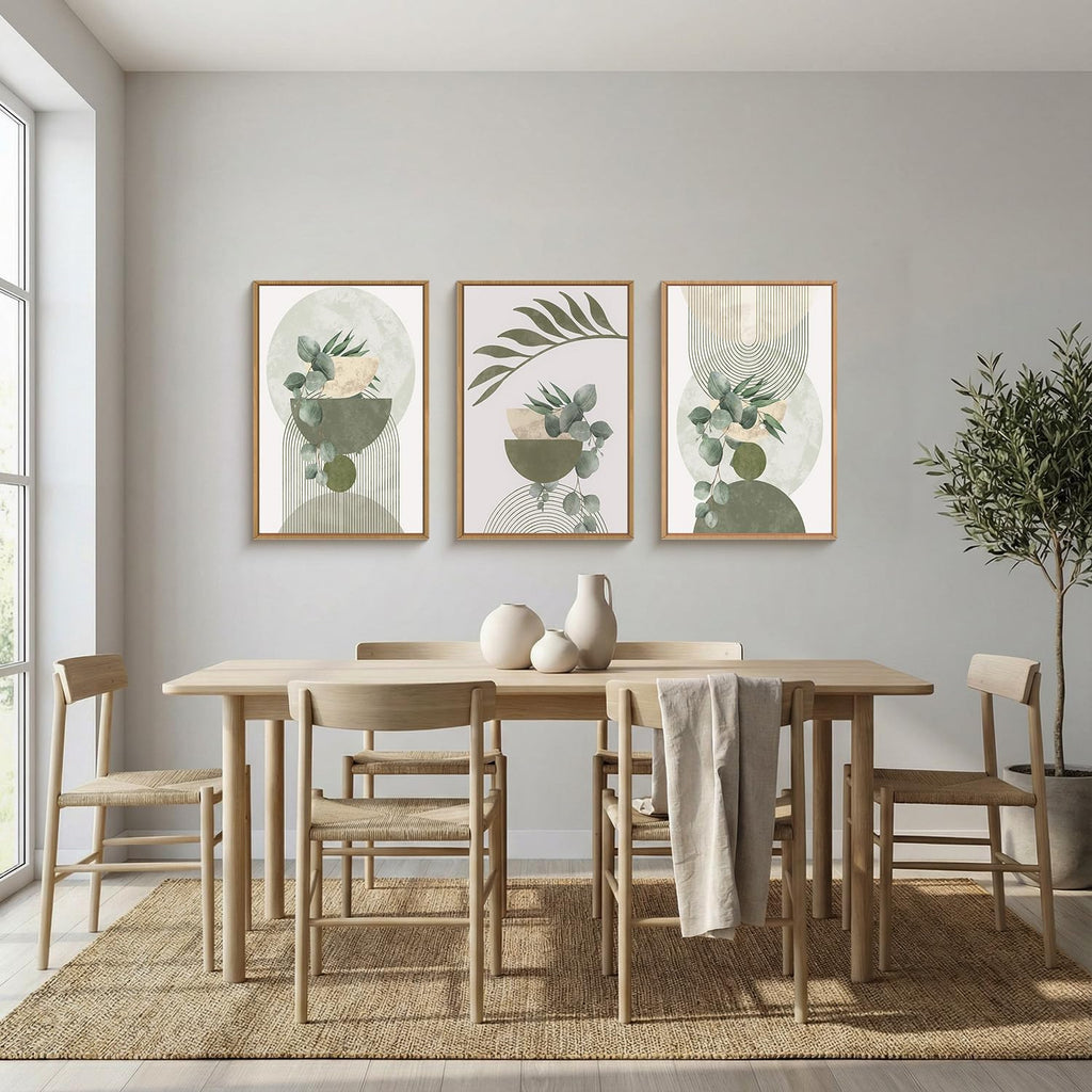 Sage Green Plant Canvas Wall Art Set 3, Abstract Geometric Line Botanical Framed Prints, Beige Minimalist Boho Leaf