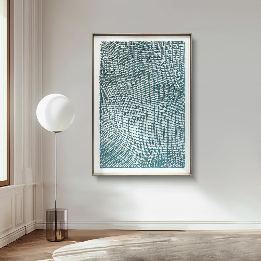 Handmade Acrylic Abstract Wall Art with 3D Textured Lines Serene Teal Wave Canvas Painting in Gallery Frame for