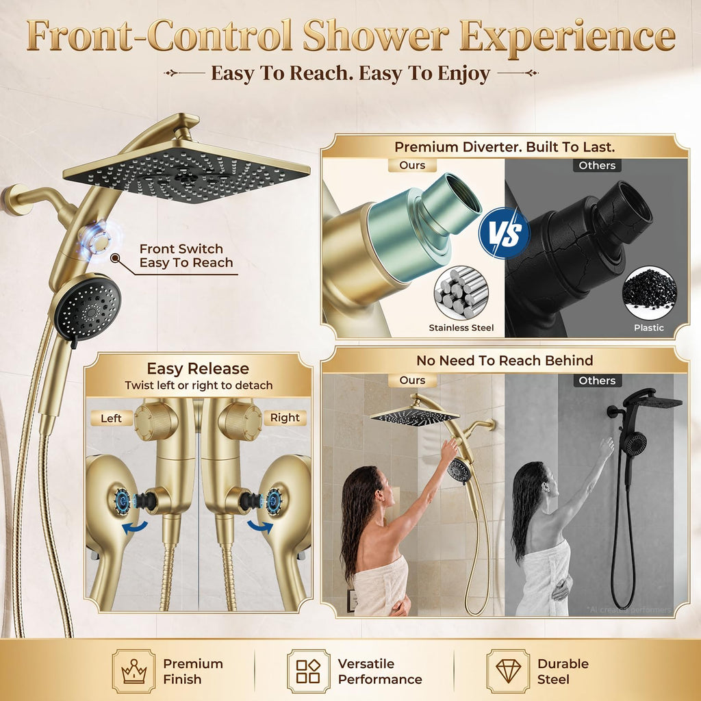 10" Gold Rain Shower Head with Handheld, 8 Functions Rainfall, Magnetic