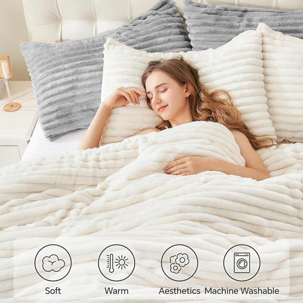 Fleece Comforter Set-Super Soft & Warm Fluffy Cream White Bedding
