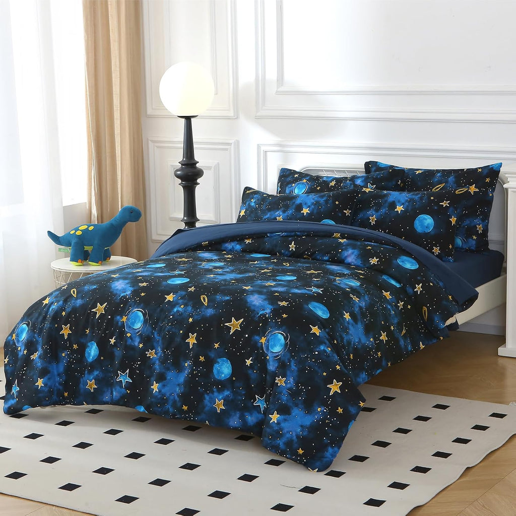 Glow in The Dark Kids Comforter Set, 4 Pieces Blue Space Bedding Set Full for Boys Girls Teen, 1 Comforter, 1