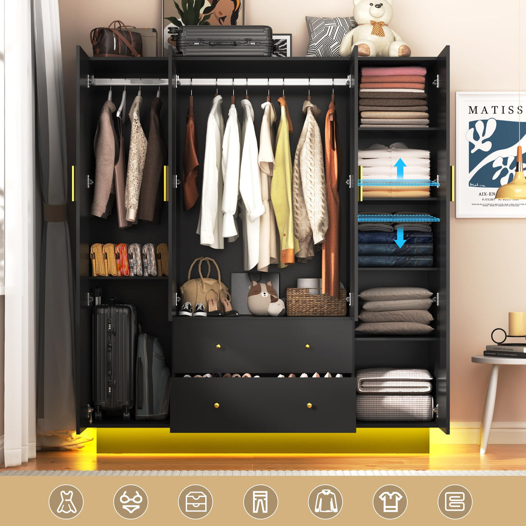 4 Doors Armoire Wardrobe Closet with Mirror, LED Armoire with Doors and Drawers, Wooden Wardrobe Storage Cabinet with