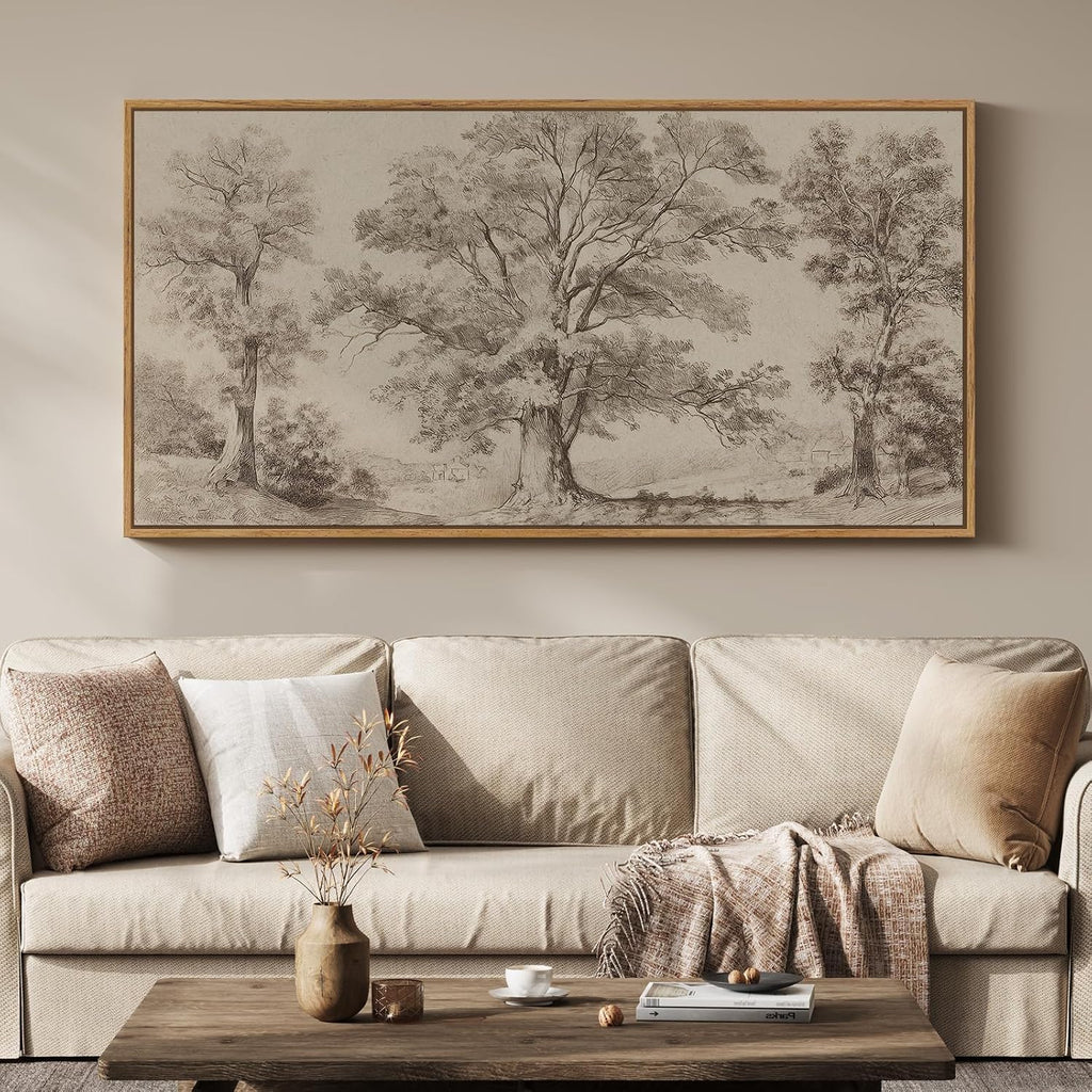 Framed Vintage Landscape Canvas Wall Art , Extra Large Horizontal Rustic Tree Botanical Picture Prints Paintings