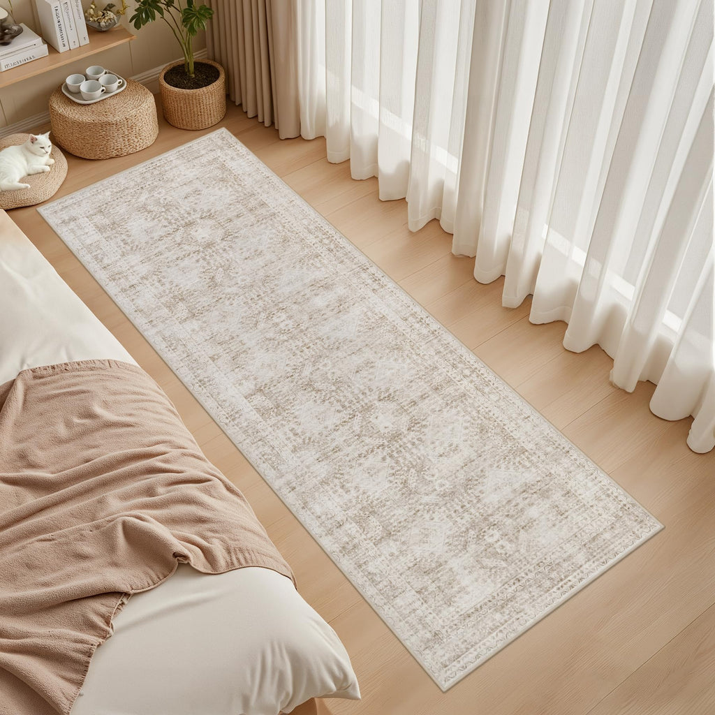 Hallway Washable Runner Rug: Neutral Kitchen Carpet Brown