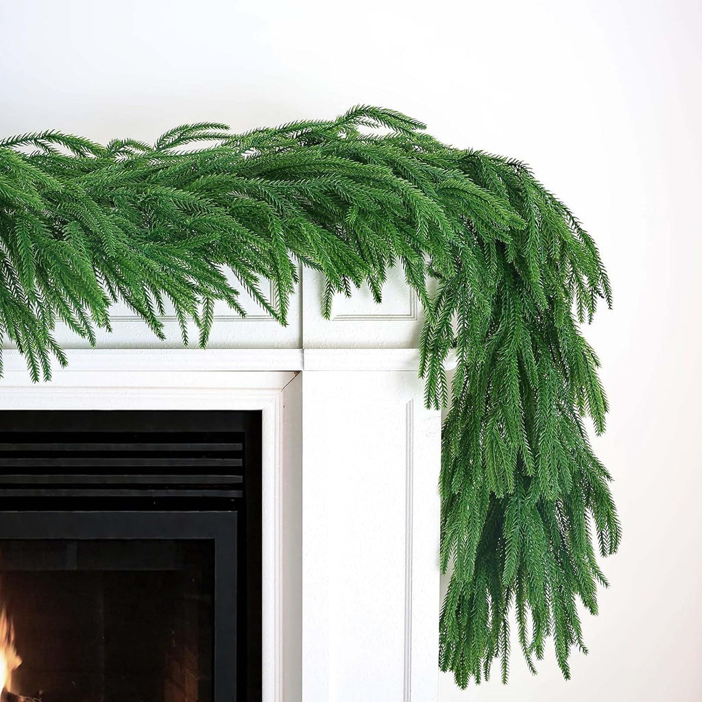 Extra Full: 15FT Christmas Norfolk Pine Garland, Greenery Real Touch Decorations for Mantle Table Staircase Fireplace