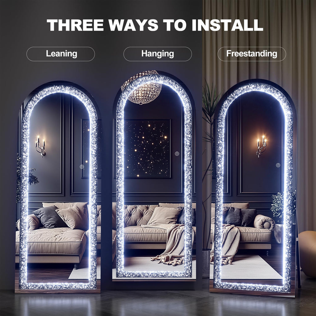 59"×18" LED Full-Length Mirror Arch Design with Crystal Crush Diamond, Wall Mounted Diamond Mirror Leaning Bedroom