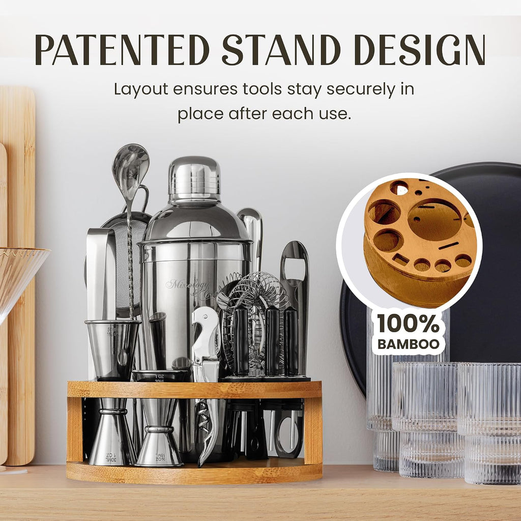 Bartender Kit - Cocktail Shaker Set with Bamboo Stand | Complete Cocktail Kit Gift Set | Top Bartender Gifts - Set of 15