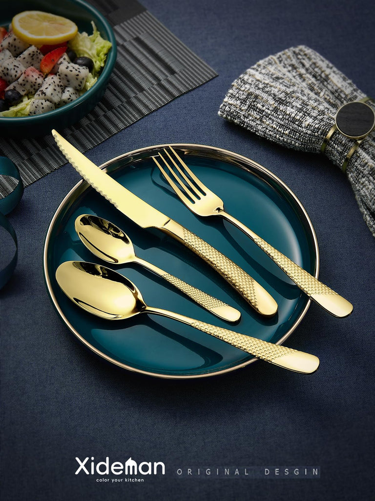16-Pc Champagne Gold Hammered 18/10 Stainless Steel Silverware Set
