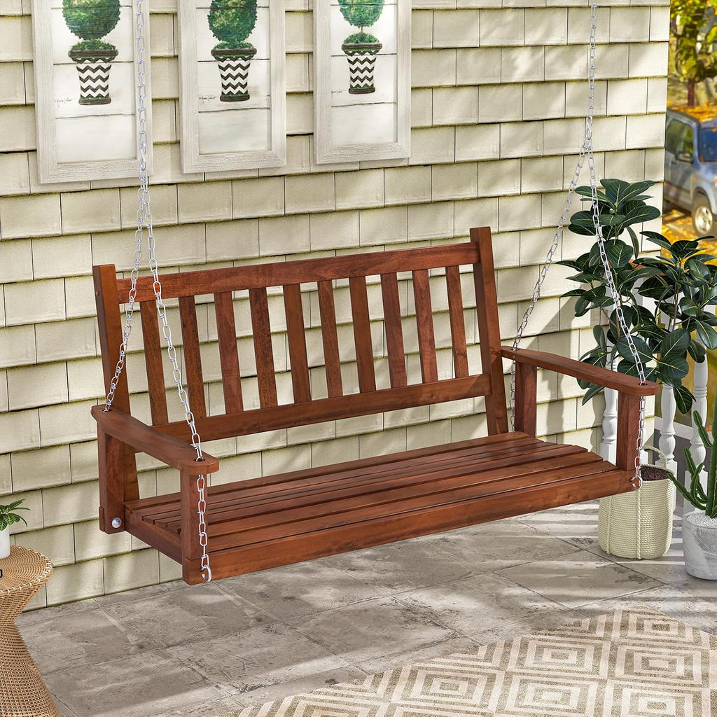 2-Person Wooden Outdoor Porch Swing, Heavy Duty Patio Hanging Bench Chair with 500 LBS Weight Capacity, 5.6 FT