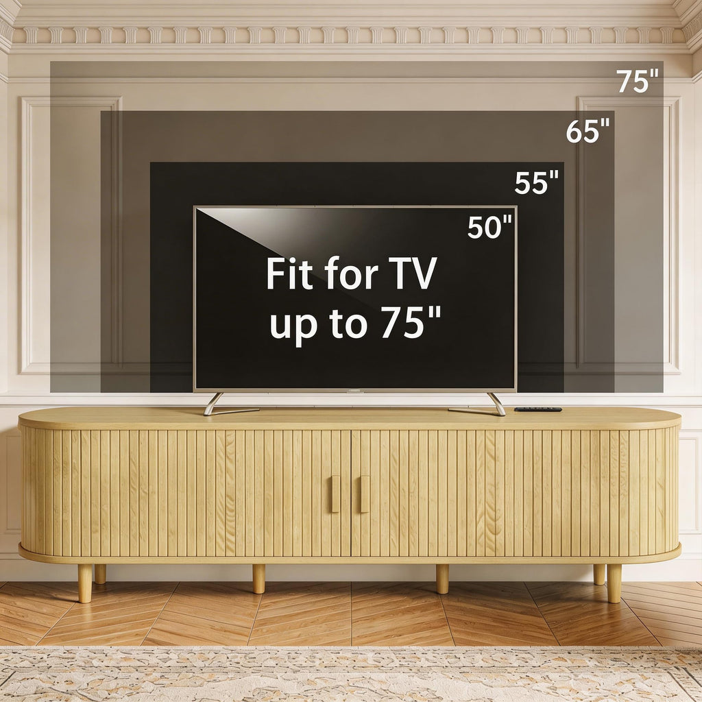 70" TV Stand with Sliding Doors, Mid Century Modern Entertainment Center, TV Console with Fluted Door Cabinets and