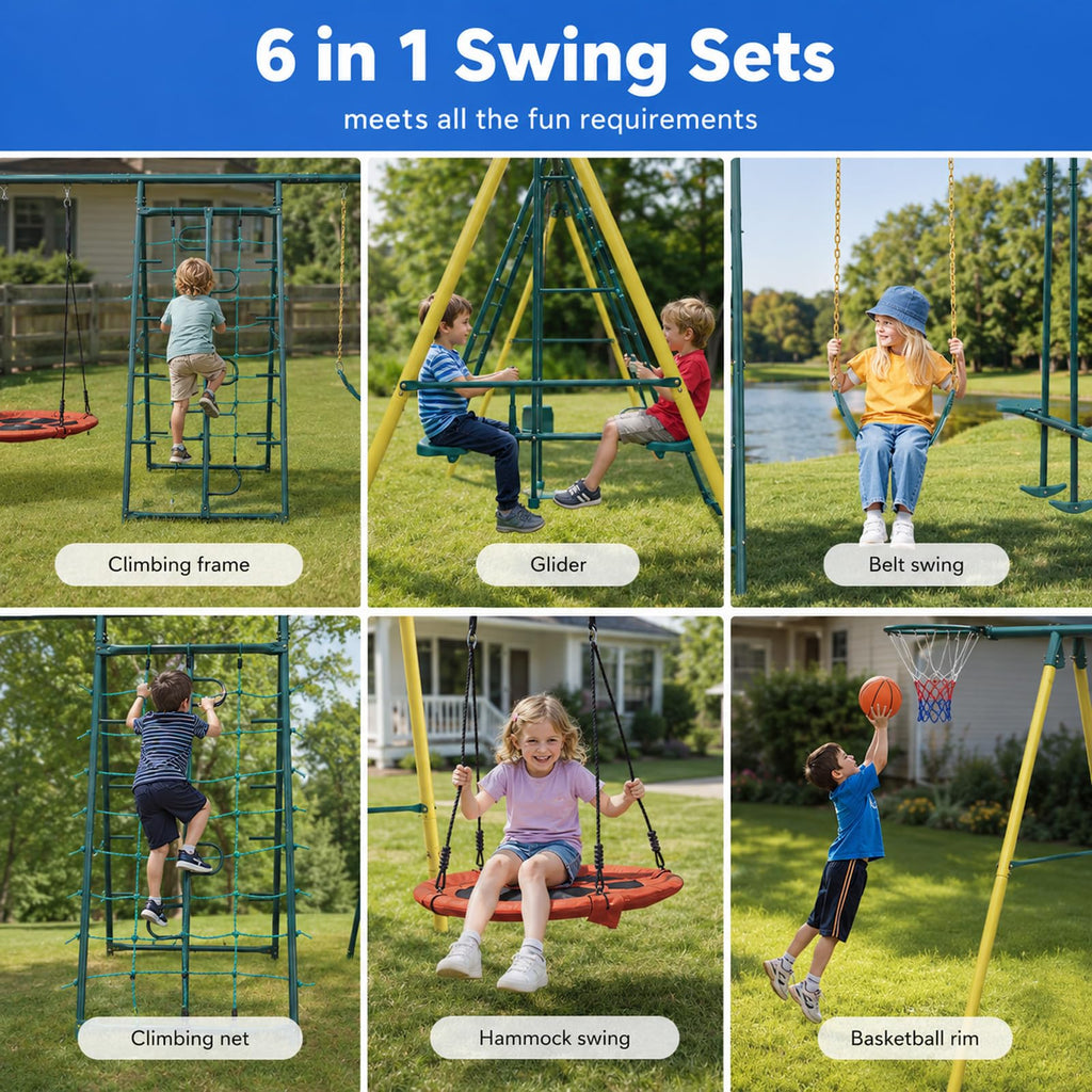 Metal Swing Sets for Backyard for Kids 3-12, 6 in 1 Swing Sets, Heavy-Duty Playground Backyard Set with 2 Swings