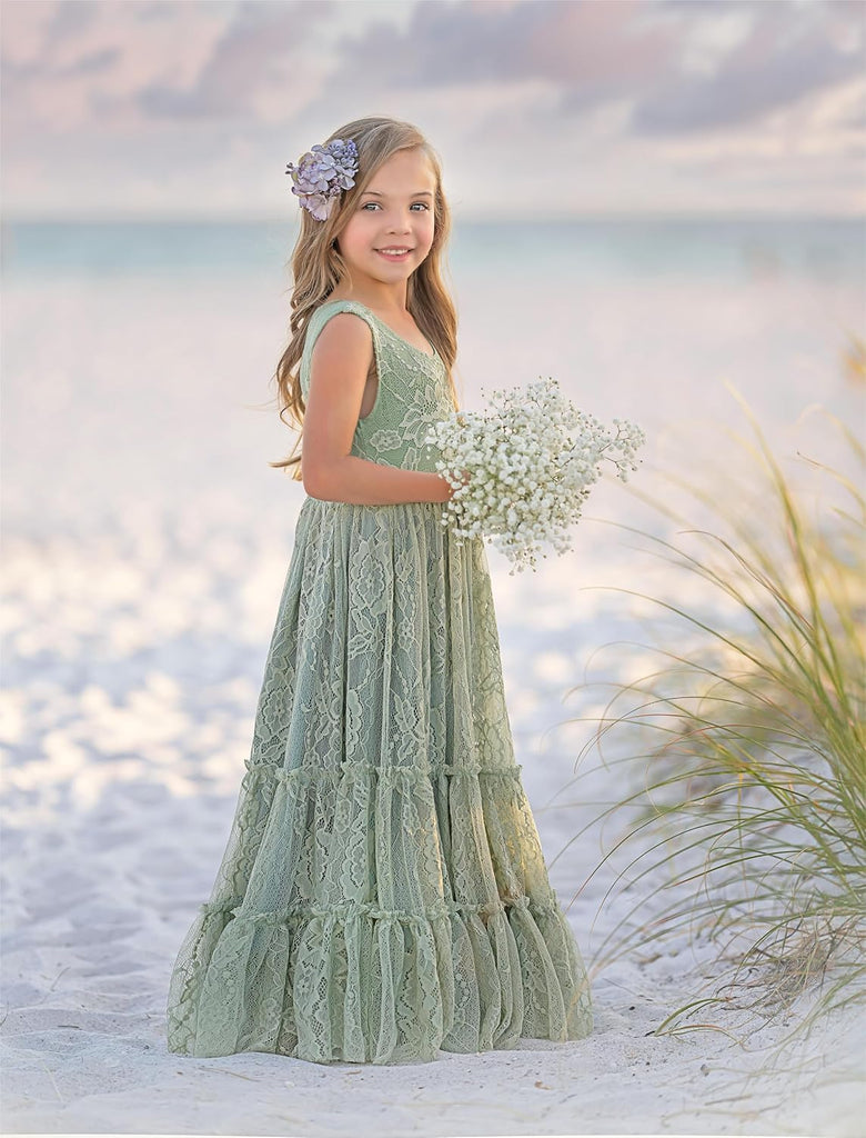 Flower Girl Dress Ruffle Lace Boho Toddler Dresses Sleeveless