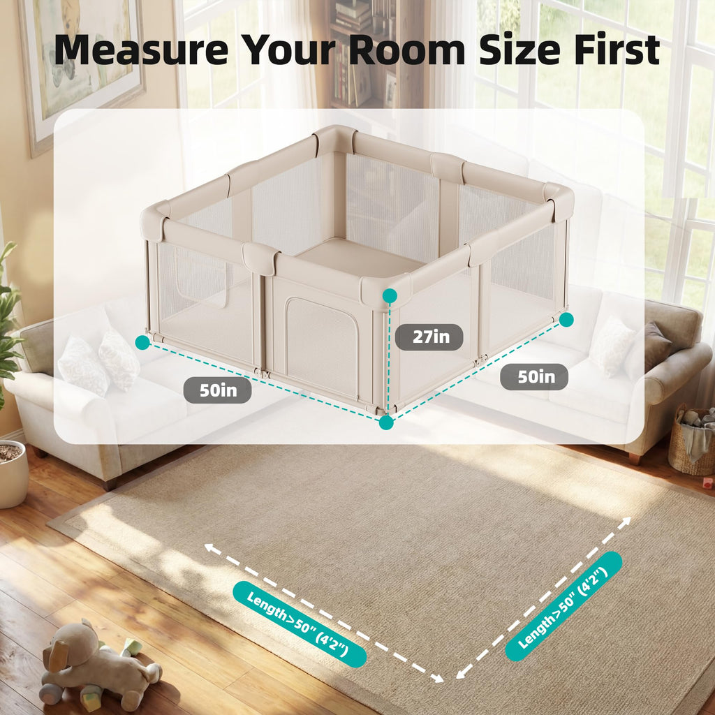 Foldable Baby Playpen with Mat, 71x59 Inches, Light Khaki