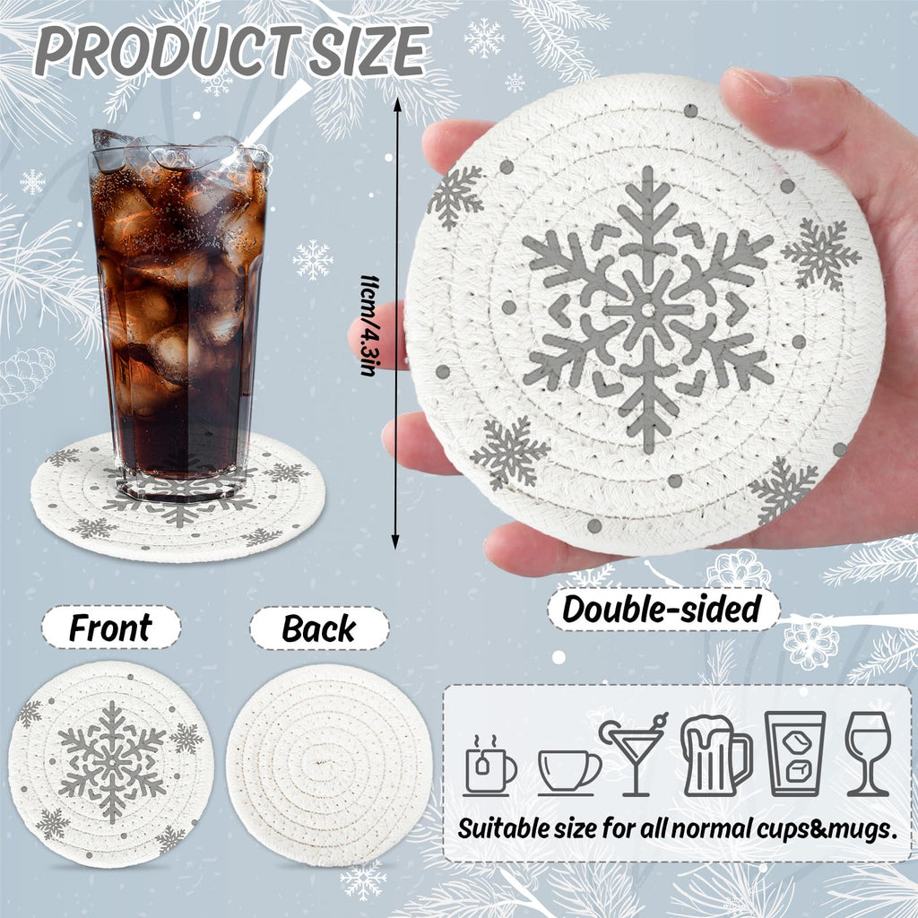 Winter Snowflake Handmade Braided Cotton Coasters Christmas Grey Snowflake Drink Coasters Absorbent Cup Coasters for