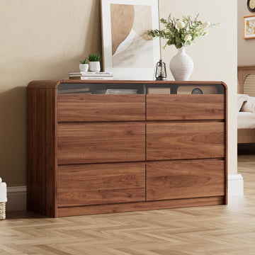 47.2" Dresser with 6 Drawer, Wide Dresser with Recessed Glass Display & Silent Metal Rails, Handleless Chest of