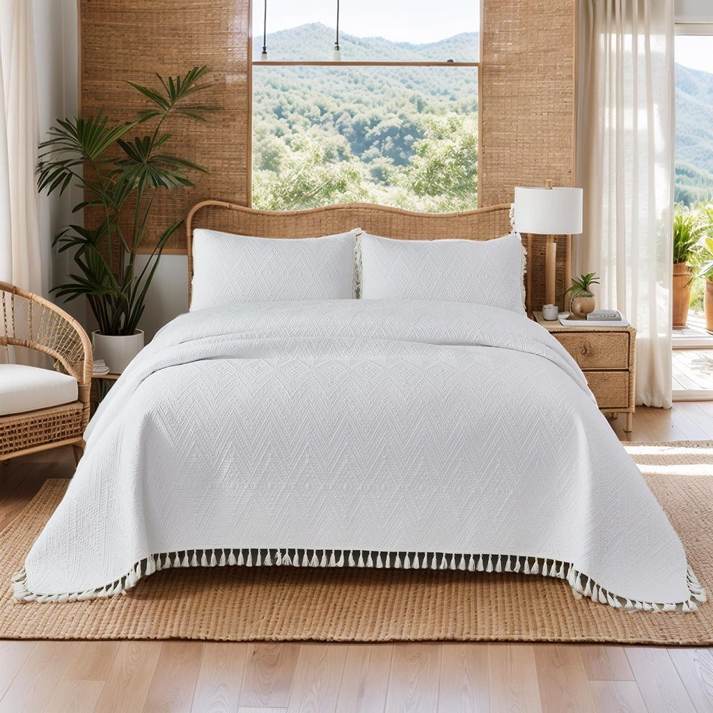 Luxury Bohemian Bedding Cotton Quilt Set King Size White Boho Matelasse Coverlet Set Hand-Finished Tassel Edges 3