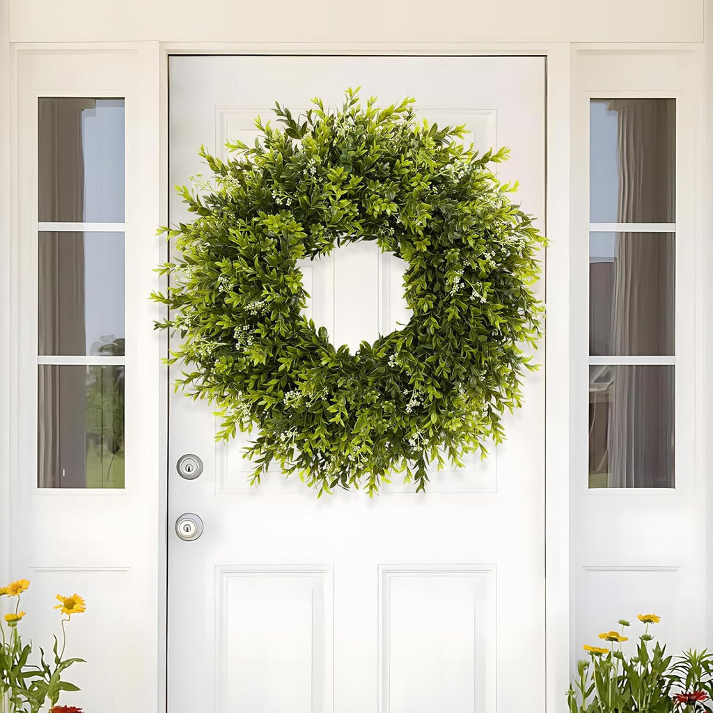 28'' Large Boxwood Wreath for Front Door Porch Window Artificial Boxwood Leaves with White Seed Greenery Outdoor