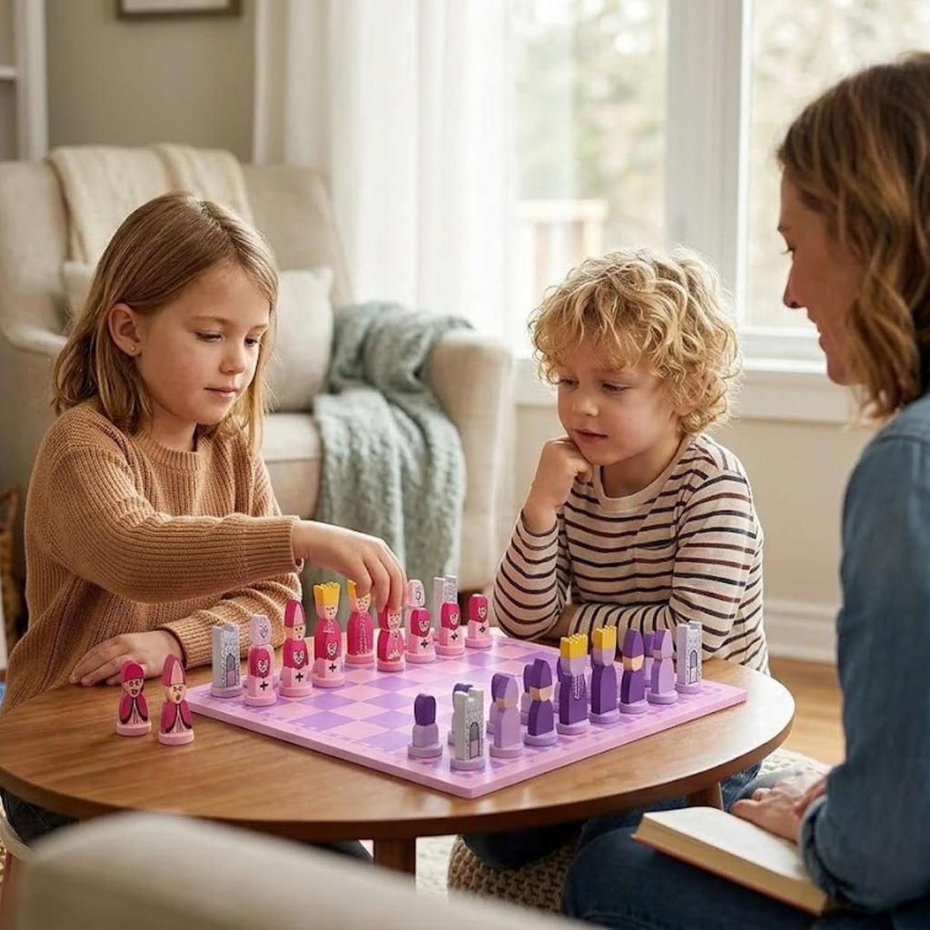 Pink Chess Set Wooden with Board Educational Adults, Cartoon Board Game Cute