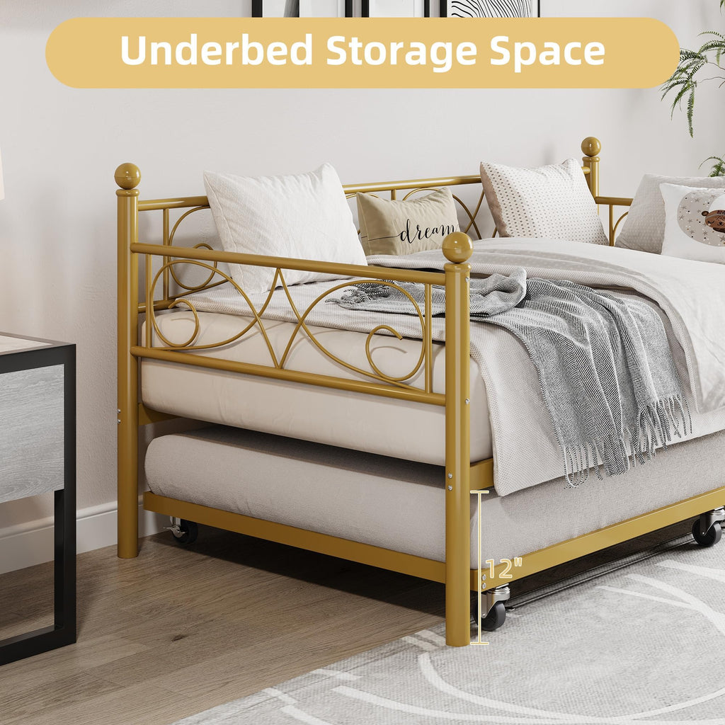 Daybed with Trundle Bed, Twin Size Day Bed with Floral Headboard, Metal Sofa Bed Frame with Pull-Out Trundle, Heavy