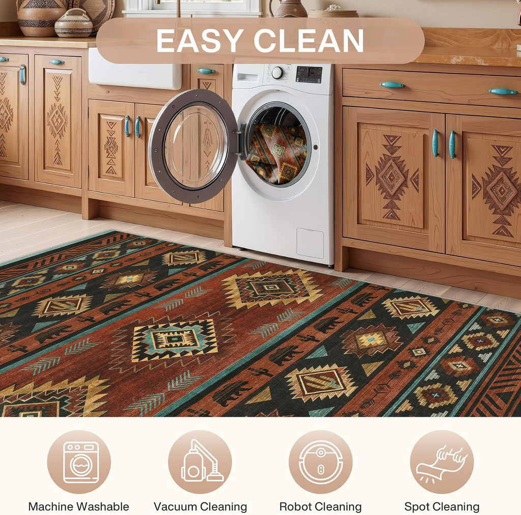 Southwestern 5x7 Red Washable Area Rugs for Living Bedroom
