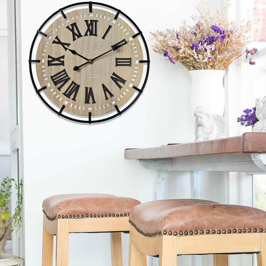 30 Inch Oversized Farmhouse Wall Clock, Metal Rustic Wood with Silent Quartz Movement, Easy Read Roman Numerals
