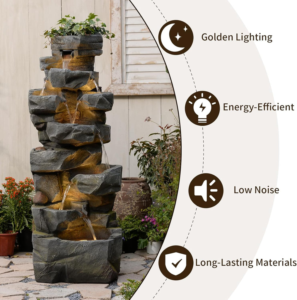58" H Outdoor Water Fountain with 7 Tiers New Upgraded Large Cascading Realistic Rock Waterfall Fountains with Lights