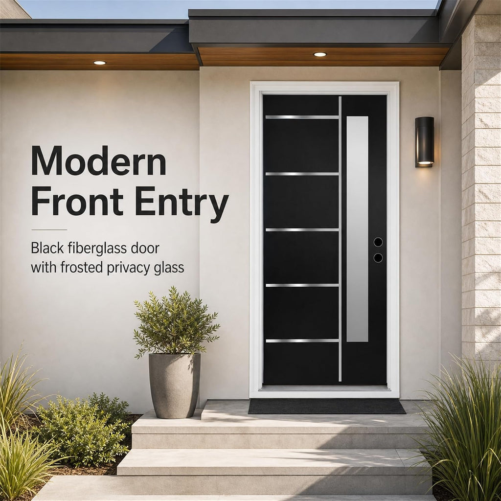 36 x 80 Textured Finished Fiberglass Door with Brickmould, Double-Sided Frosted Glass Modern Style for Home's Front